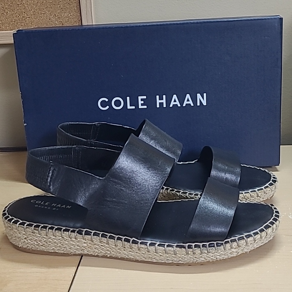 Cole Haan Cloudfeel Espradrille Sandal Black Leather Jute 8 S/N W14652 Like New